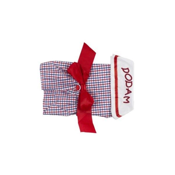 Imagen que muestra el producto Vestido Dodam Para Mascotas. Vestido DODAM para mascotas, cuenta con tejido estilo tartán con moño y botones inferiores para apuntar. Material: Poliéster Color: Rosado, azul, rojo Disponible: Razas pequeñas