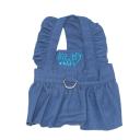 Imagen que muestra el producto Vestido Jean Mershop. Vestido Jean para mascotas, cuenta con velcro en el costado para ajustar y anillo tipo D para fijar la correa. “Material: Mezclilla Color: Azul claro, azul oscuro Disponible: Razas pequeñas”