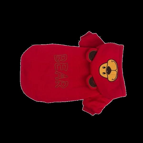 Imagen que muestra el producto Ovejero Oso Con Capota Para Mascotas. Saco ovejero oso con capota, cuenta con botones inferiores para apuntar. Material: Poliéster Color: Rojo, gris, fucsia. Disponible: Razas pequeñas y medianas.