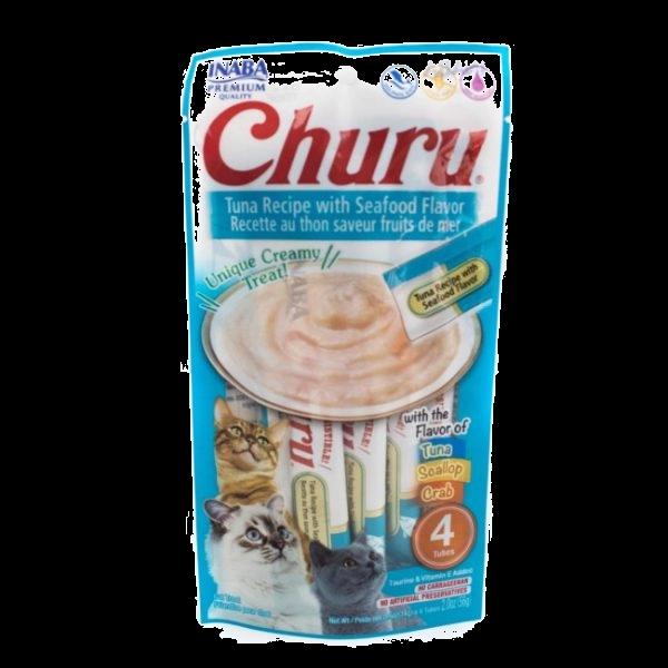 Imagen que muestra el producto Churu Tuna Recipe With Seafood Flavor. Suplemento alimenticio de consistencia cremosa, sabrosa y bajo en calorías. Churu está pensado como un premio y no debe administrarse como una comida completa. Ingredientes: Agua, atún, Taurina, extracto de té verde, sabor natural de Vieira, sabor natural atún, sabor natural de cangrejo. Presentación: 4 UND X 14GR Disponible: Para gatos de todas las razas a partir de las 12 semanas de edad.