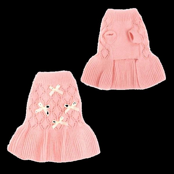 Imagen que muestra el producto Vestido Tejido Con Moños Para Mascotas. Vestido tejido cuello tortuga con moños. Material: Poliéster Color: Rosado, café, azul Disponible: Razas pequeñas y medianas.