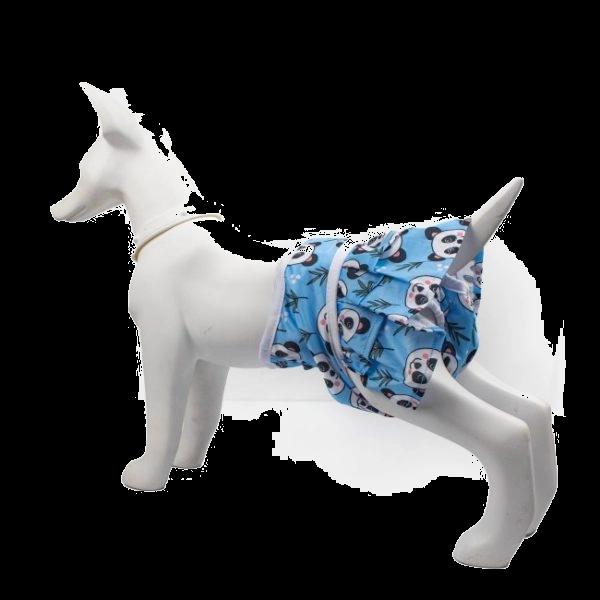 Imagen que muestra el producto Pañal De Hembra Para Mascotas. Pañal de hembra estampado con velcro ajustable. Material: Poliéster Color: Blanco, azul, morado Disponible: Razas medianas y grandes