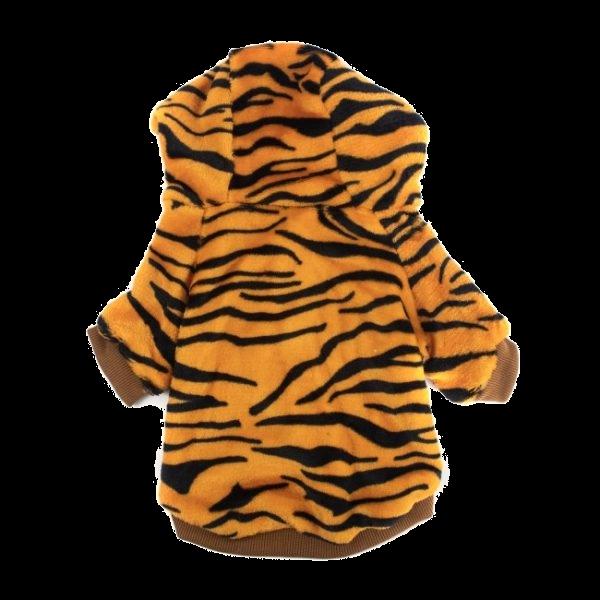 Imagen que muestra el producto Saco Tigre Con Capota Para Mascotas. Saco tigre con capota, cuenta con botones inferiores para apuntar. Material: Poliéster  Disponible: Razas pequeñas y medianas.