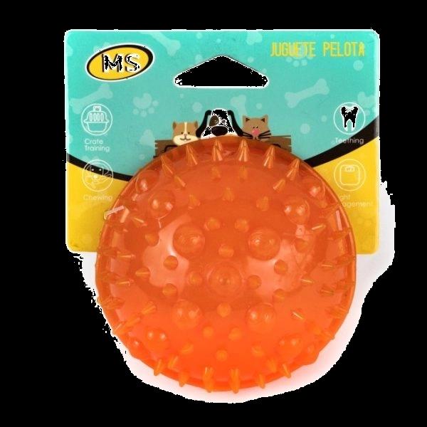 Imagen que muestra el producto Juguete Pelota Snacks Para Mascotas. Pelota de premios, cuenta con textura de púas y dos compartimentos amplios en los costados, perfectos para agregarles una mayor cantidad de croquetas. Material: Goma Color: Morado, rosado, verde, negro Disponible: Razas medianas.