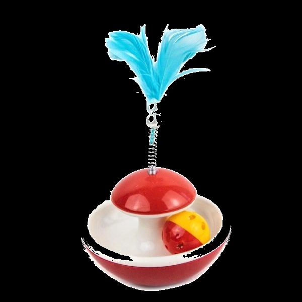 Imagen que muestra el producto Juguete Interactivo Para Gatos. Juguete interactivo, cuenta con base semiesférica y pelota cascabel. Material: Plástico, plumas                                                                          Color: Rojo con pluma azul, rojo con pluma rosa, rojo con pluma morada.                                                                  Disponible: Razas pequeñas.