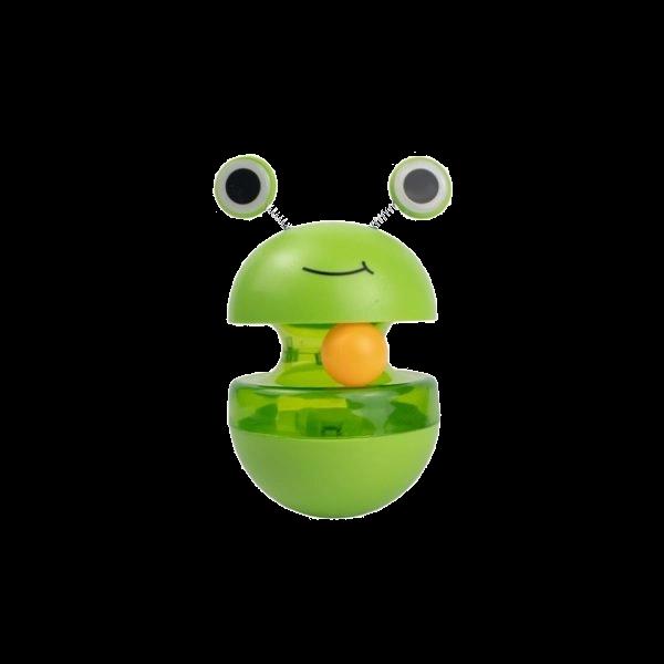 Imagen que muestra el producto Juguete Interactivo Snacks Para Mascotas. Juguete interactivo rana, cuenta con base semiesferica y pieza al costado para ajustar el tamaño del agujero en la parte inferior para la salida de snacks. Material: Plástico Color: Disponible en la foto. Disponible: Razas pequeñas.