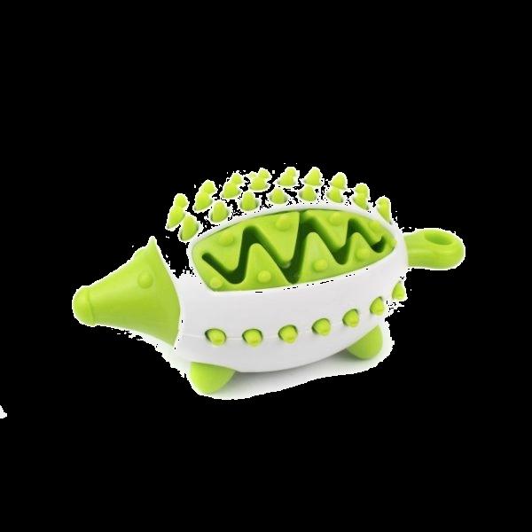 Imagen que muestra el producto Juguete Premios Para Mascota. Juguete dispensador de premios, cuenta con diseño de puercoespín y canales de limpieza de dientes en ambos costados, ideales para evitar la acumulación de sarro. Material: Plástico Color: Azul, verde, rosado Disponible: Razas grandes.