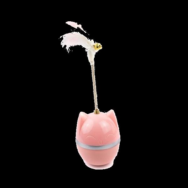 Imagen que muestra el producto Juguete Semisferica Para Mascotas. Juguete con base semiesférica cuenta con diseño de gato, cascabel y un resorte con plumas para incrustar. Material: Plástico Color: Verde, rosado Disponible: Razas pequeñas y medianas.