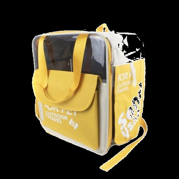 Imagen que muestra el producto Maleta Para Transportar Mascotas. Maleta con visor delantero impermeable y laterales en malla con alas de tela y velcro, bolsillo delantero grande con velcro y tapete interno que brinda mayor estabilidad. Se puede llevar como bolso o maleta. Material: Mezclilla, vinilo, malla Color: Verde, azul, amarillo, rosado Disponible: Razas pequeñas de hasta 10-15 kg