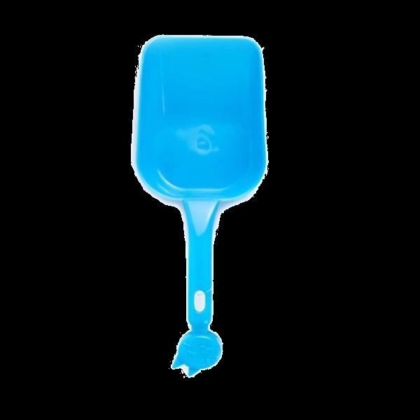 Imagen que muestra el producto Pala Con Mango  Para Mascotas. Pala fácil de manejar, cuenta con mango de gatito. Material: Plástico Color: Azul, rosado, naranja, verde Disponible: Razas pequeñas y medianas.