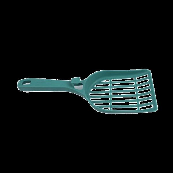 Imagen que muestra el producto Pala Con Orificios Para Mascotas. Pala fácil de manejar, cuenta con orificios que hacen un efecto colador para recoger solo los desperdicios de su mascotas. Material: Plástico Color: Azul, amarillo, verde, naranja Disponible: Razas pequeñas.