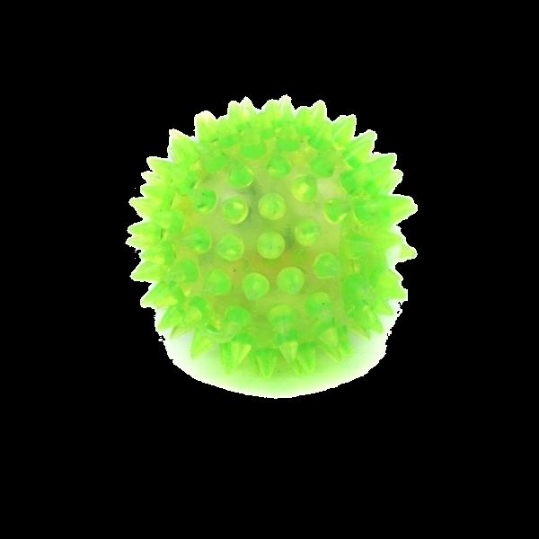 Imagen que muestra el producto Pelota De Dentición Con Luz Del Para Mascotas. Pelota con superficie en forma de púas, sonido y luz led interna. Material: Caucho Color: Amarillo, naranja, rosado, verde, azul, morado Disponible: Razas pequeñas.