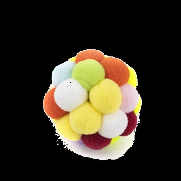 Imagen que muestra el producto Pelota De Felpa Para Mascotas. Pelota para mascotas con bolitas de felpa. Material: Poliéster Color: Morado, rosado, azul, verde Disponible: Razas pequeñas.