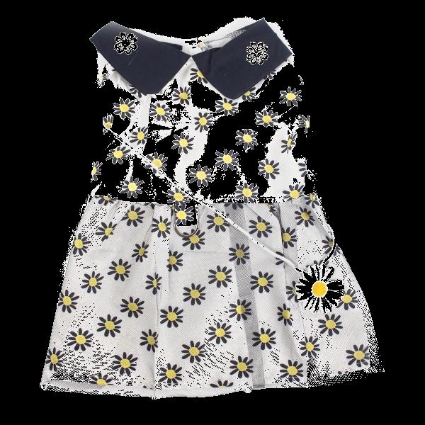 Imagen que muestra el producto Vestido De Flores Para Mascotas. Vestido de cuello con estampado de flores. Cuenta con anillo tipo D para fijar la correa. Material: Poliéster Color: Azul, negro, rosado Disponible: Razas pequeñas.