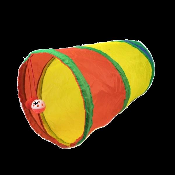 Imagen que muestra el producto Tunel Multicolor Para Mascotas. Túnel para mascotas fácil de guardar y transportar cuenta con estructura de alambre que brinda estabilidad, forraje de tela multicolor que brinda flexibilidad y pelota de felpa. Material: Poliéster, alambre  Color: Disponible en la foto  Disponible: Razas pequeñas