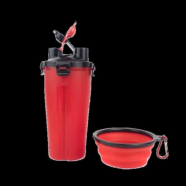 Imagen que muestra el producto Vaso Portatil Para Mascotas. Comedero portatil con dos compartimentos, cuenta con plato retractil. Fácil y cómodo de transportar. Material: Plástico Color: Rosado, azul, negro, rojo, amarillo, blanco.                                                                                Disponible: Razas pequeñas, medianas y grandes. Medidas:  Alto 19,5cm* AnchoAlto 19,5cm* Ancho 10 cm*350ml
