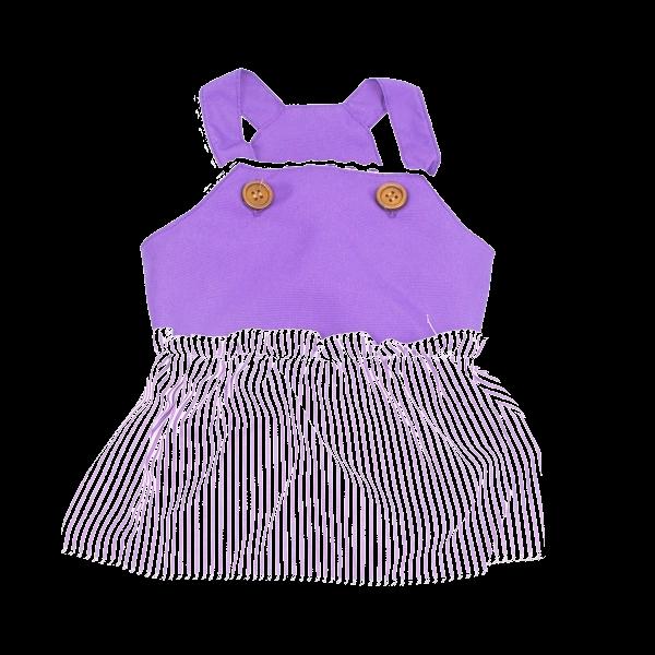 Imagen que muestra el producto Vestido Tirantes Con Botones. Vestido a rayas con detalles bordados y tirantes con botones. Material: Poliéster Color: Morado, café, azul Disponible: Razas pequeñas y medianas